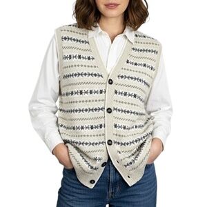 Vintage 80s 90s fair isle style beige cream cotton button front sweater vest S